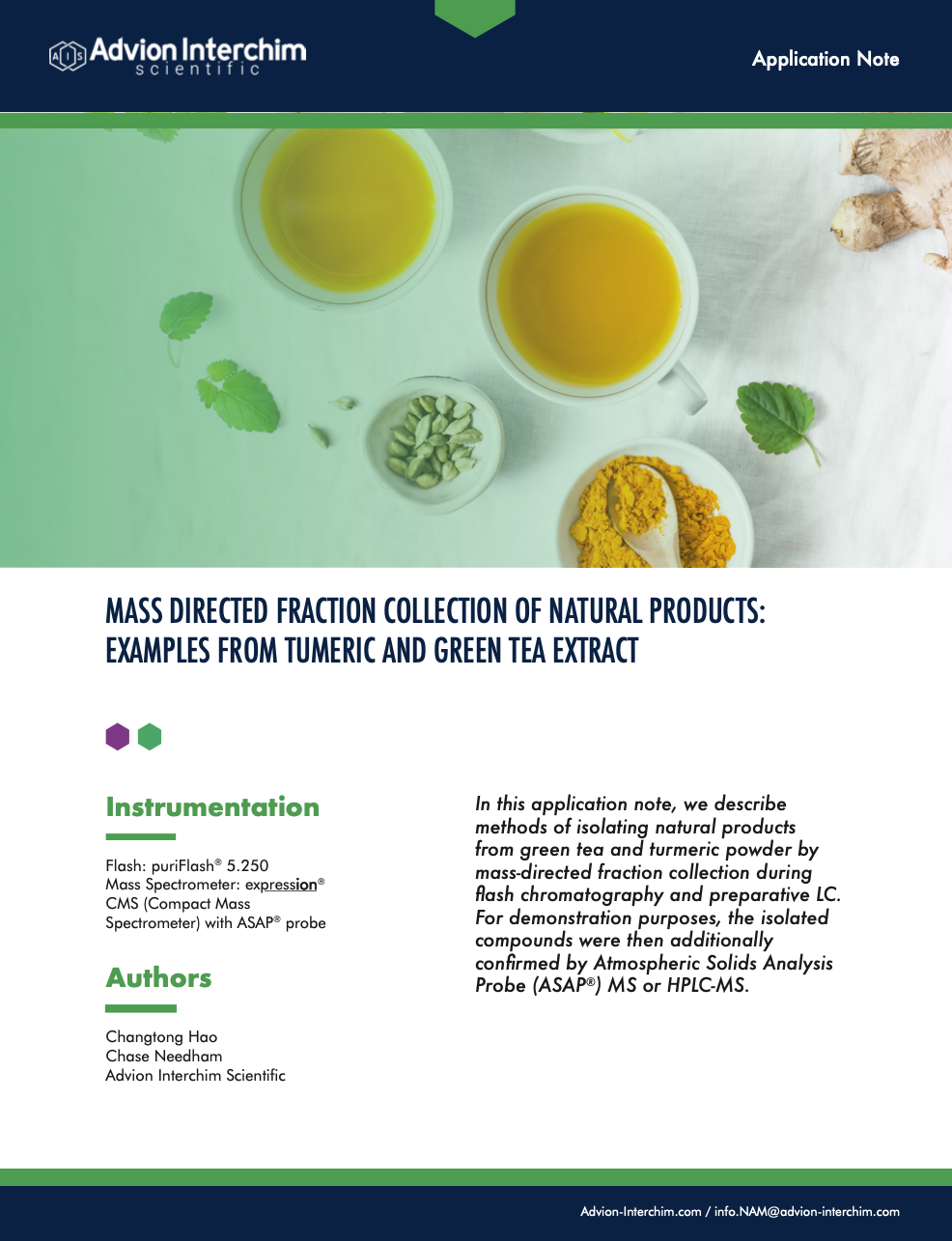 Colección de fracciones dirigidas a la masa de productos naturales: ejemplos de extracto de cúrcuma y té verde