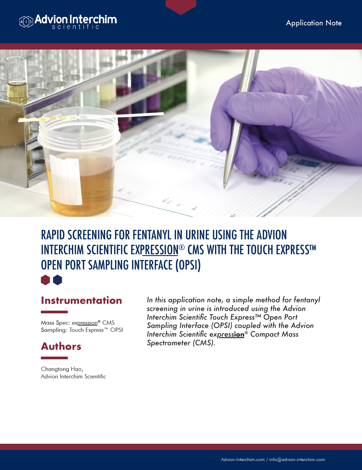 Detección rápida de fentanilo en orina con Advion Interchim Scientific expression L CMS con Touch Express™ Open Port Sampling Interface (OPSI)